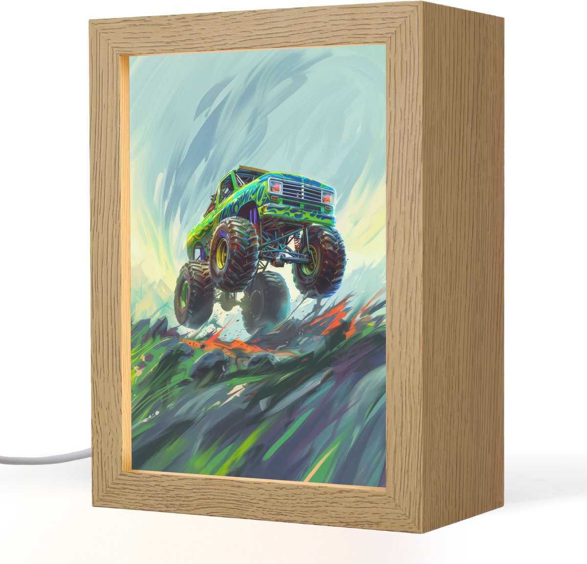 Nachtlampje 15x20 cm - Kinder lampje - Monstertruck - Auto - Jongens - Groen - Tafellamp kinderkamer - Slaapkamer lamp - Bedlamp kinderen - Kinderlampje stopcontact - Wandlamp babykamer - Nachtlampjes