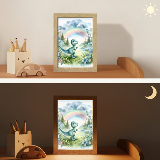 Nachtlampje 15x20 cm - Kinder lampje - Dino - Baby - Regenboog - Dinosaurus - Tafellamp kinderkamer - Slaapkamer lamp - Bedlamp kinderen - Kinderlampje stopcontact - Wandlamp babykamer - Nachtlampjes van OnlyWow — afbeelding 4