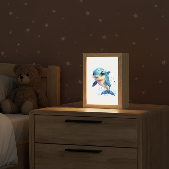 Nachtlampje 15x20 cm - Kinder lampje - Dolfijn - Blauw - Water - Druppels - Tafellamp kinderkamer - Slaapkamer lamp - Bedlamp kinderen - Kinderlampje stopcontact - Wandlamp babykamer - Nachtlampjes van OnlyWow — afbeelding 2