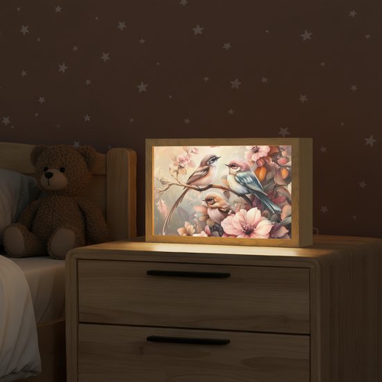 Nachtlampje 30x20 cm - Kinder lamp - Vogels - Bloemen - Roze - Pastel - Tafellamp kinderkamer - Slaapkamer lamp - Bedlamp kinderen - Kinderlampje stopcontact - Wandlamp babykamer - Nachtlampjes van Merkloos — afbeelding 2