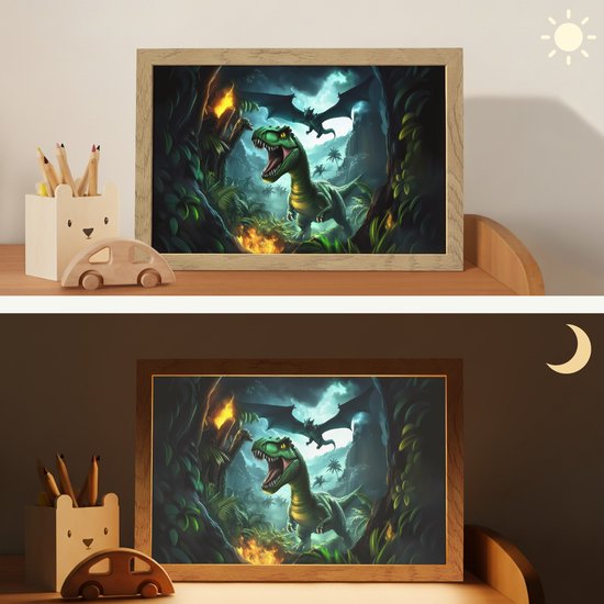 Nachtlampje 30x20 cm - Kinder lamp - Dinosaurus - Draak - Jungle - Groen - Tafellamp kinderkamer - Slaapkamer lamp - Bedlamp kinderen - Kinderlampje stopcontact - Wandlamp babykamer - Nachtlampjes van Merkloos — afbeelding 4