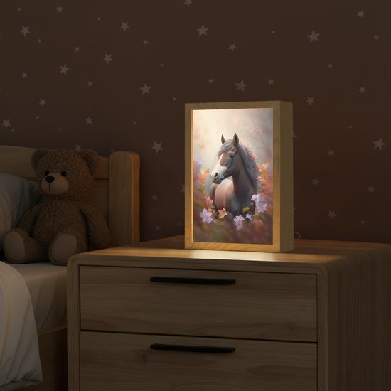 Nachtlampje 20x30 cm - Kinder lamp - Paard - Bloemen - Natuur - Paars - Dieren - Tafellamp kinderkamer - Slaapkamer lamp - Bedlamp kinderen - Kinderlampje stopcontact - Wandlamp babykamer - Nachtlampjes van Merkloos — afbeelding 2