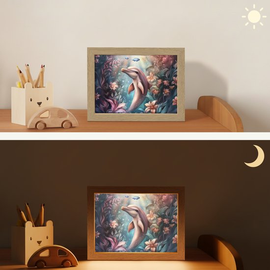 Nachtlampje 20x15 cm - Kinder lampje - Dolfijn - Vissen - Onderwaterwereld - Bloemen - Tafellamp kinderkamer - Slaapkamer lamp - Bedlamp kinderen - Kinderlampje stopcontact - Wandlamp babykamer - Nachtlampjes van OnlyWow — afbeelding 4