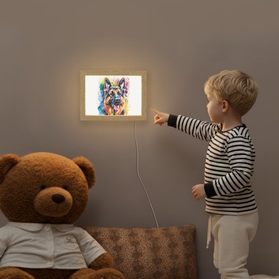 Nachtlampje 20x15 cm - Kinder lampje - Hond - Verf - Dieren - Kleurrijk - Duitse Herder - Tafellamp kinderkamer - Slaapkamer lamp - Bedlamp kinderen - Kinderlampje stopcontact - Wandlamp babykamer - Nachtlampjes van Merkloos — afbeelding 5
