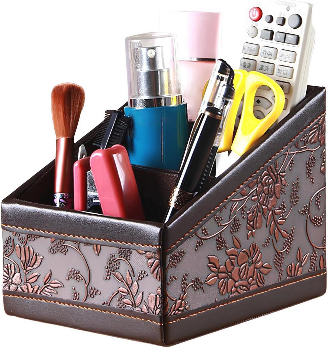 Bureau-organizer van PU-leer met 3 vakken voor pennen, mobiele telefoons en afstandsbedieningen