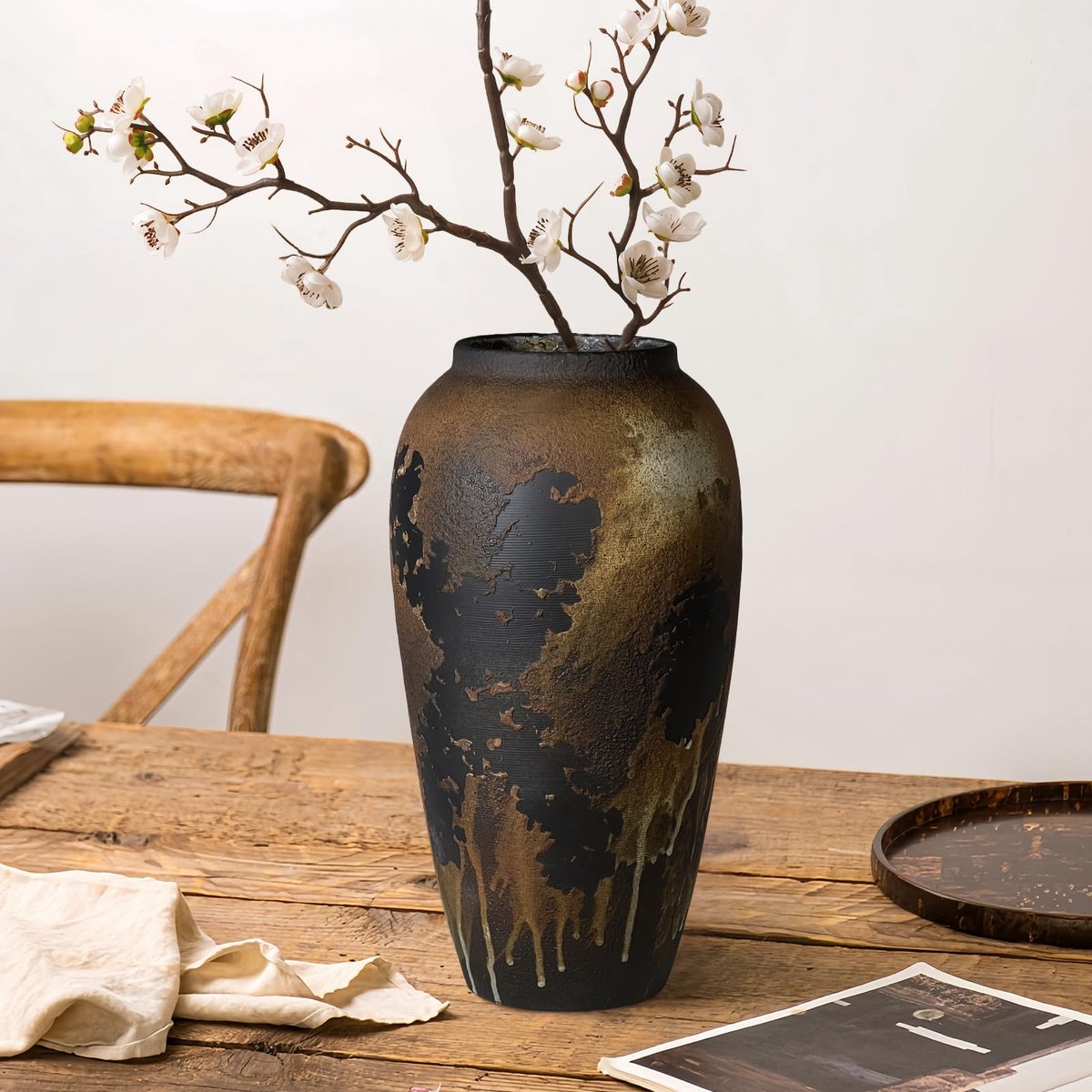 Unyqoos Elegante zwarte keramische vaas voor bloemen en decoratie in huis, 33cm, Zwart/Bruin