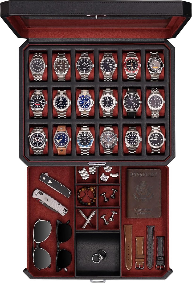 Luxe Horlogedoos voor 18 Horloges met Accessoirelade (Zwart-Rood)