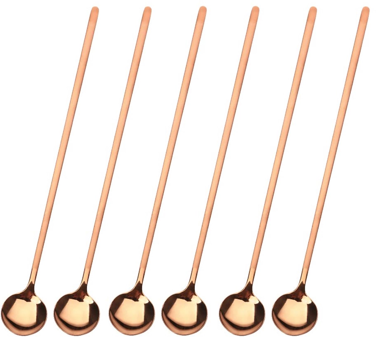 6 lange lepels – 304RVS - Kleine ronde lepel - Latte macchiato – Dessertlepels set – 13cm – IJslepels - Theelepels - Roségoud