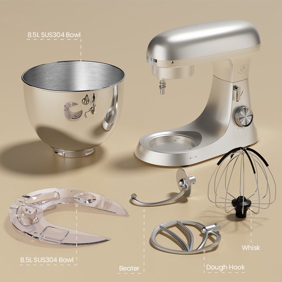 Royal Swiss - keukenmachine - 2000W Vermogen - 8,5L RVS Kom - Planetair Mengsysteem - Kleur: Crème van Merkloos — afbeelding 5