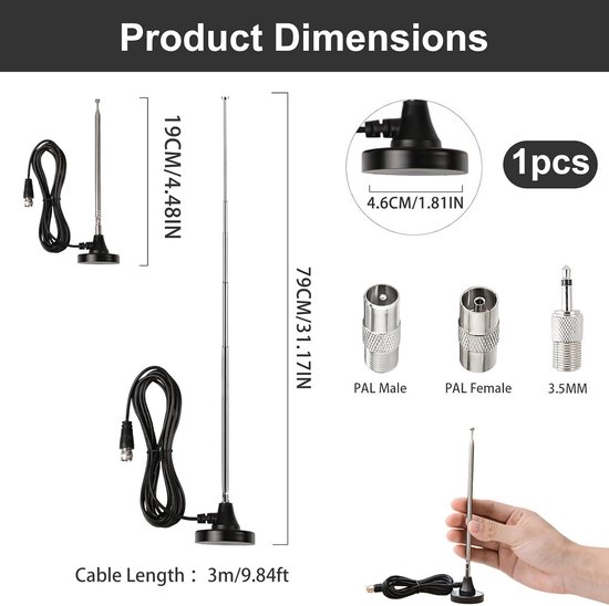 Bingfu FM Radio Antenna for Stereo System DAB Telescopic Antenna with Magnetic Base and 3m Extension Cable for Portable Radio Tuner Stereo Receiver AV Receiver Stereo Amplifier HiFi Receiver