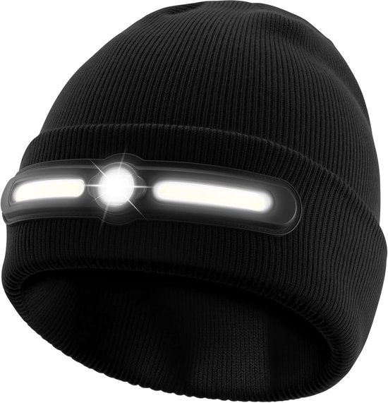 Zwarte gebreide muts met ingebouwde LED-lamp.