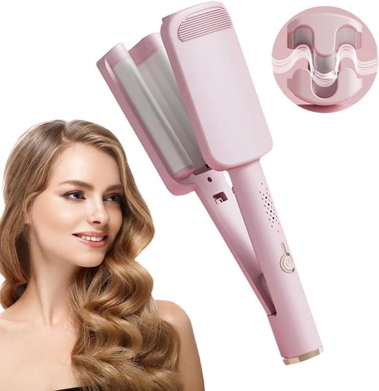 Een vrouw met lang golvend blond haar naast een roze 3-cilinder golfstyler.