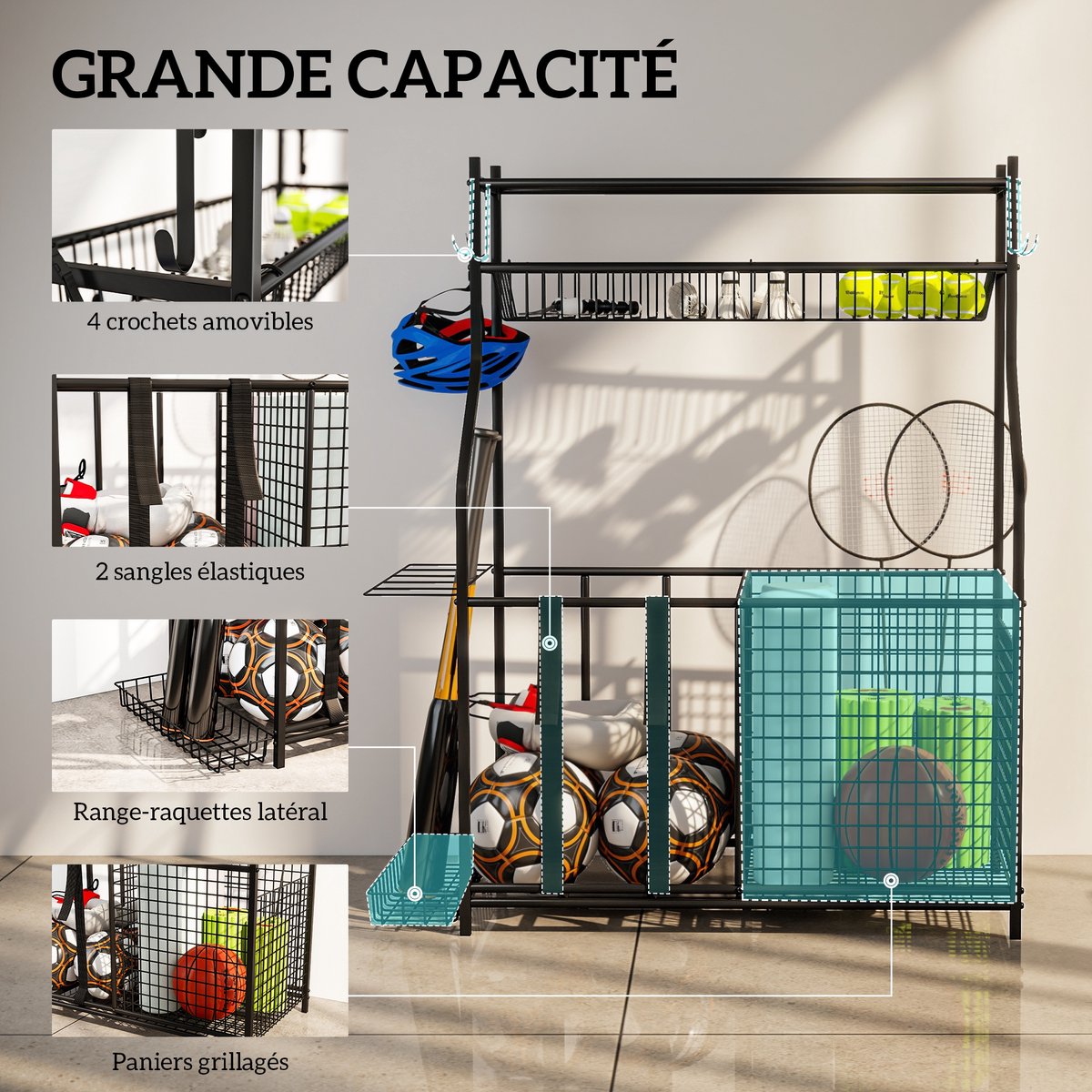 SPORTNOW - Organizer voor sportartikelen - Metaal - 92x42x109cm - Zwart — cadeau in Sport & Outdoor - foto 5