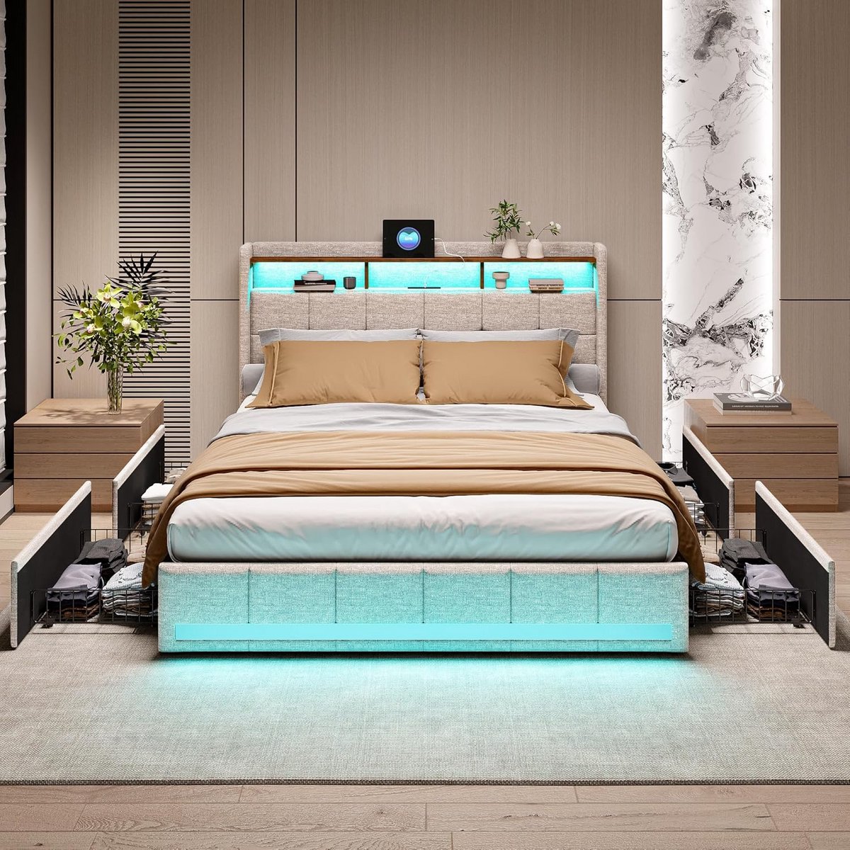Lits-jumeaux 180x200 cm met Inlgesloten Lattenbodem, Tweepersoons Bed met 4 Lades en LED Verlichting