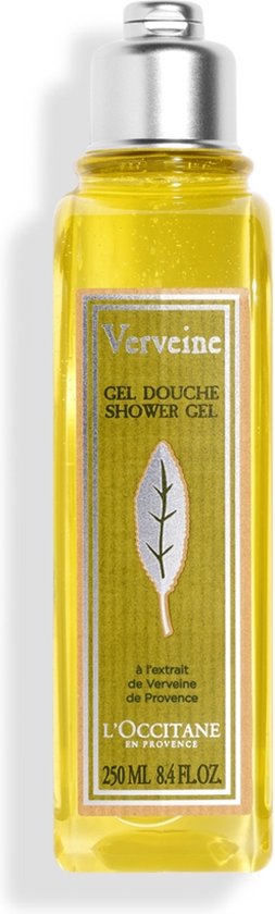 Doorzichtige gele douchegel in vierkante fles met zilveren dop. Groen en beige label met bladprint.