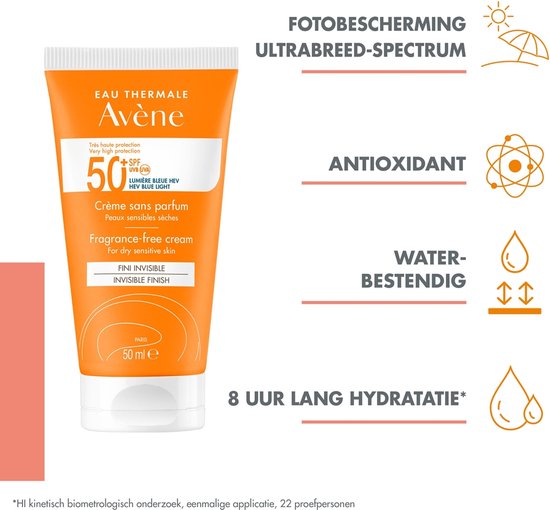Oranje Avene crème met SPF 50, ultrabreed spectrum, antioxidant, waterbestendig, 8 uur hydratatie.