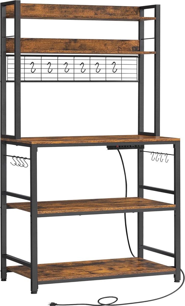 Keukenrek, staand rek met stopcontacten, magnetronrek, met roosterplaat, 14 haken, 40 x 100 x 170 cm, vintagebruin-zwart