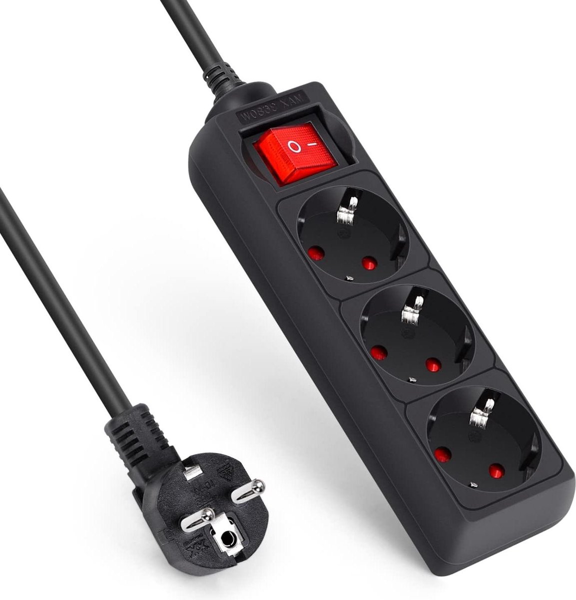 3-Voudig stekkerdoos met schakelaar en contactbescherming - 3 meter kabel zwart Stekkerdoos