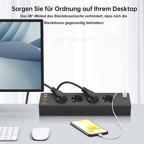 Tafelstopcontact met USB C PD20W, 4-voudige inbouw stekkerdoos met USB, tafelstekkerdoos met schakelaar, inbouwstopcontact met USB voor meubels of werkbladen, 2 m lange kabel, zwart