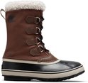 Bruine Sorel winterlaars met zwarte rubberen neus en zool, en witte teddy voering.