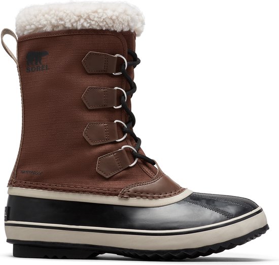 Bruine Sorel winterlaars met zwarte rubberen neus en zool, en witte teddy voering.