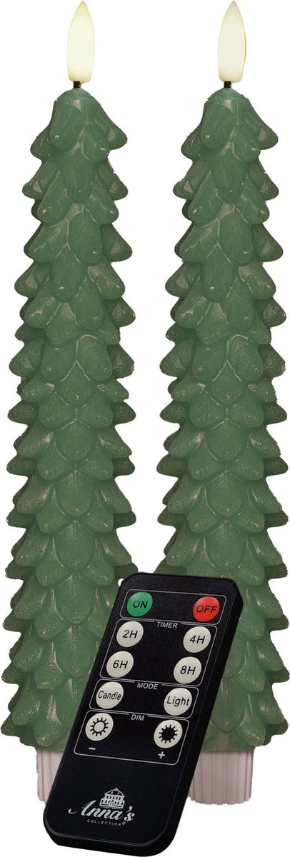 Anna's Collection LED kerstboom dinerkaarsen - 2x st - groen - 23 cm- afstandsbediening