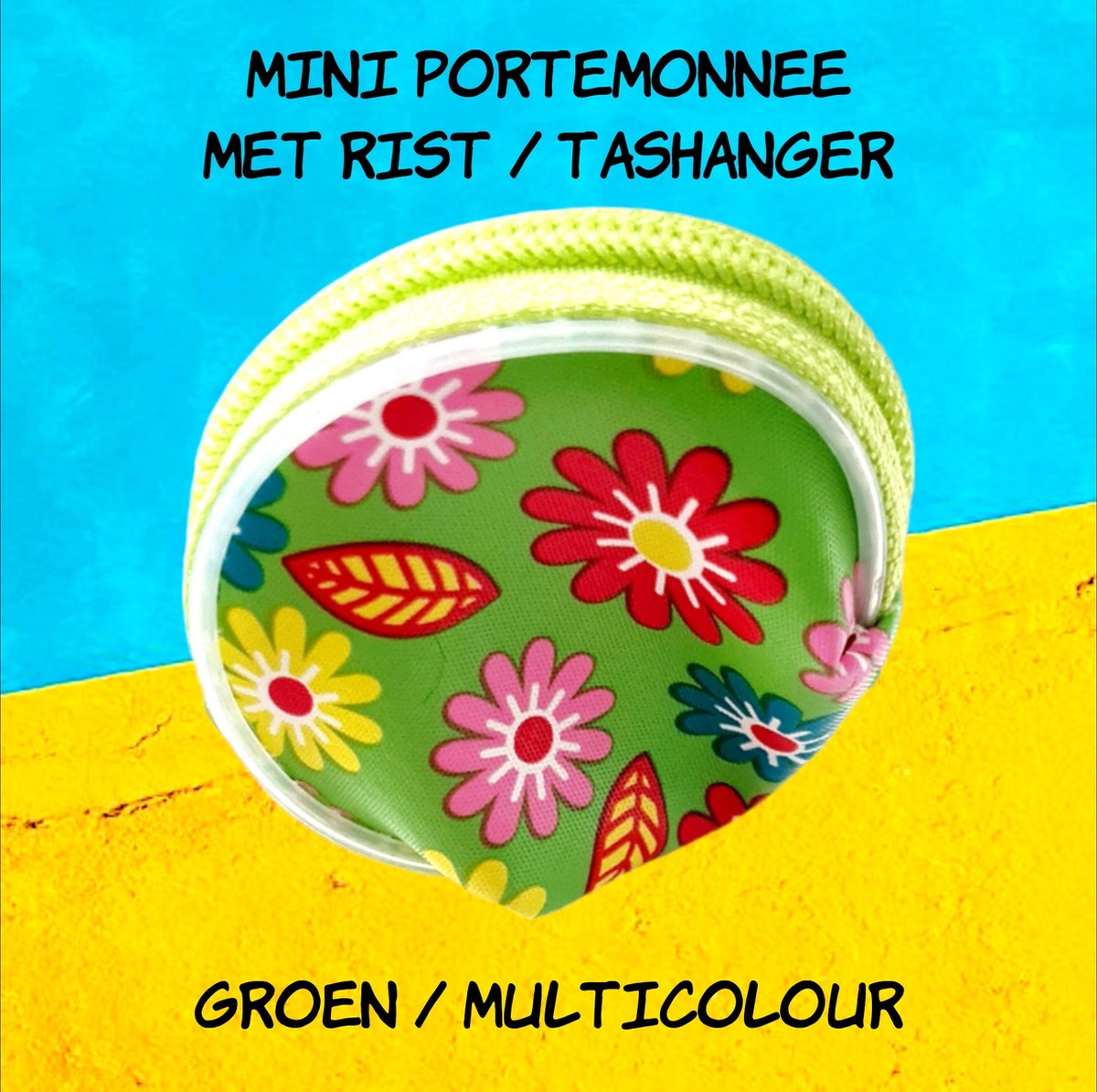 Going Retro® - Ronde mini muntgeld portemonnee / earplug opbergtasje - bloemen - basis groen / multicolour madeliefje daisy - 4,5 cm - Sleutelhanger Tashanger - kinderen jeugd volwassenen - meisjes dames - casual feest verjaardag