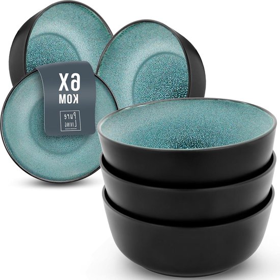 Set van 6 Grote Steengoed Diepe Borden uit de Ibiza Serie - Luxe Pastaborden of Soepborden - Stijlvolle Pastagerechten voor 6 Personen - Serviesset, Dinerborden, Servies - Pure Living in Petrol