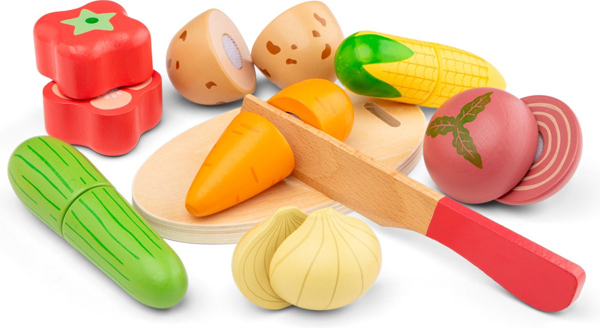 New Classic Toys® Houten Snijset Groente in Opbergdoos - Speelset met Snijplank, Wortel, Paprika, Komkommer - Educatief Speelgoedeten - Rollenspel Keukenspeelgoed - Vanaf 24 Maanden — afbeelding 4