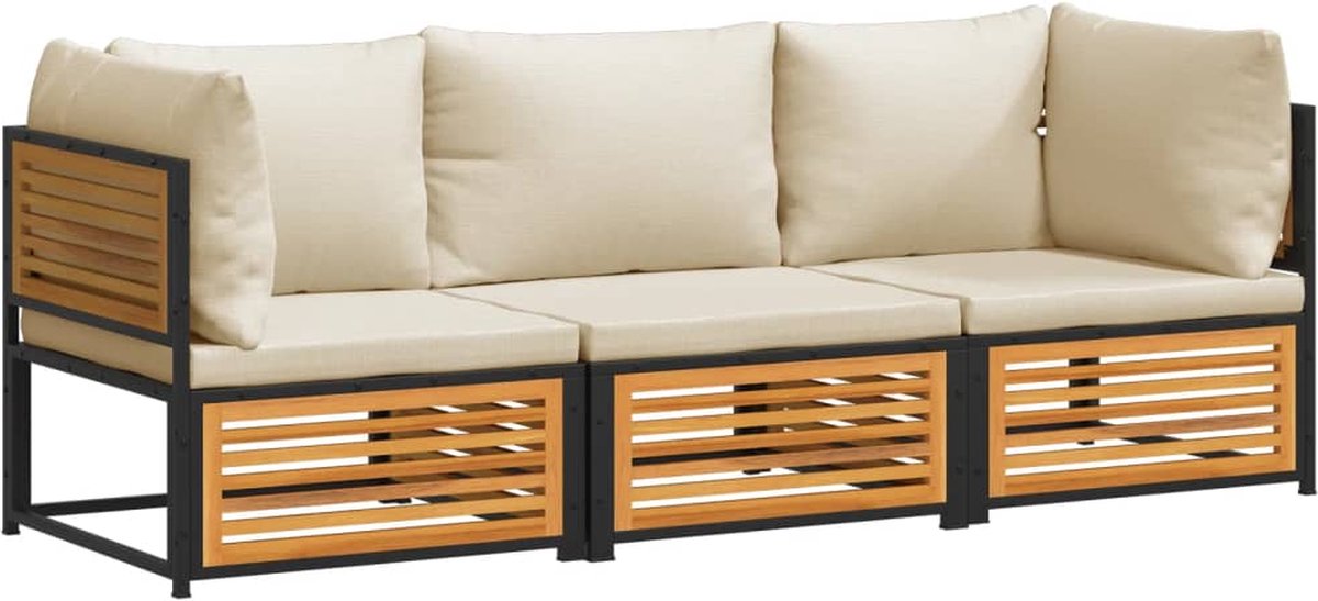 vidaXL 3-delige - Loungeset - met - kussens - massief - acaciahout crèmewit