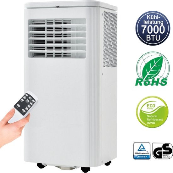 Mobiele airconditioner 7000 BTU 2 kW met luchtontvochtiger, afstandsbediening, timer, energiezuinig A-class