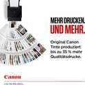 Printer die fotoruns print, met tekst 'MEHR DRUCKEN. UND MEHR.' en 'Original Canon Tinte produziert bis zu 35 % mehr Qualitätsdrucke.'.