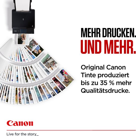 Printer die fotoruns print, met tekst 'MEHR DRUCKEN. UND MEHR.' en 'Original Canon Tinte produziert bis zu 35 % mehr Qualitätsdrucke.'.