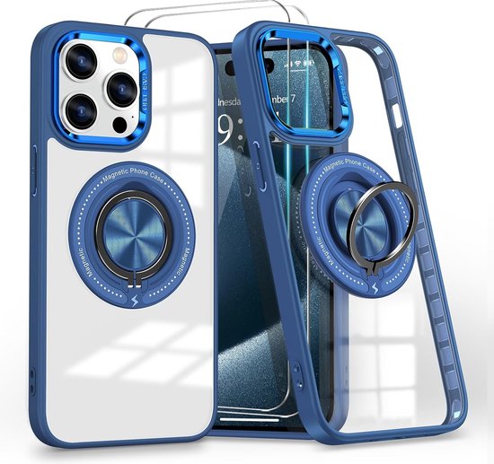 Coque adaptée pour iPhone 15 Pro Max Coque Arara pour Magsafe Coque rigide transparente – Béquille avec Ring rotatif avec 2 protections d'écran – Blauw