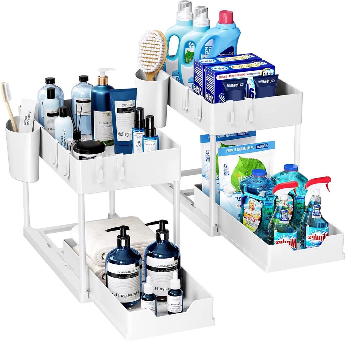 Opbergrek voor onder de gootsteen Keukenopberger 2 niveaus Uitschuiflade Multifunctioneel Opbergrek voor badkamer Aanrecht wasruimte Wit