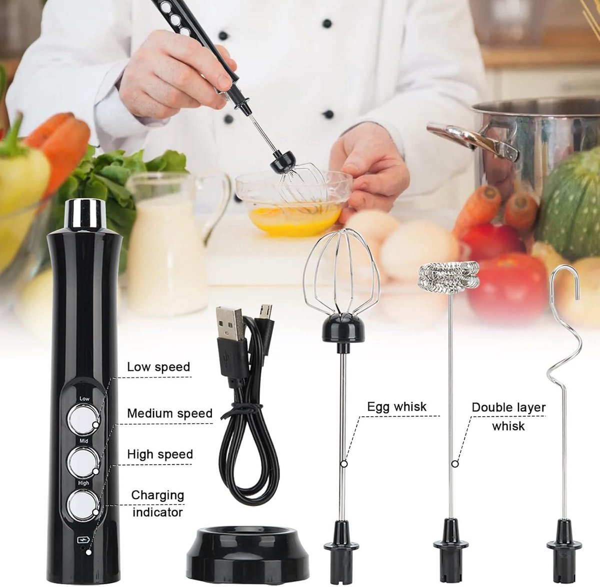Handheld automatische melkopschuimer met dubbele garde - USB opladen - voor koffie latte cappuccino room eieren - melkrek eierracket — cadeau in Kookcadeaus - foto 5