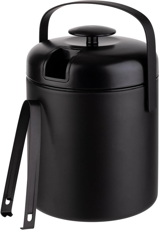 Buddy´s Bar - Profi Eiseimer in schwarz/ 1,3 Liter mit Deckel, Eis-Zange und Abtropfgitter - Eisbehälter, Eiskübel, Eiswürfel-Eimer, Behälter für Eiswürfel-Aufbewahrung