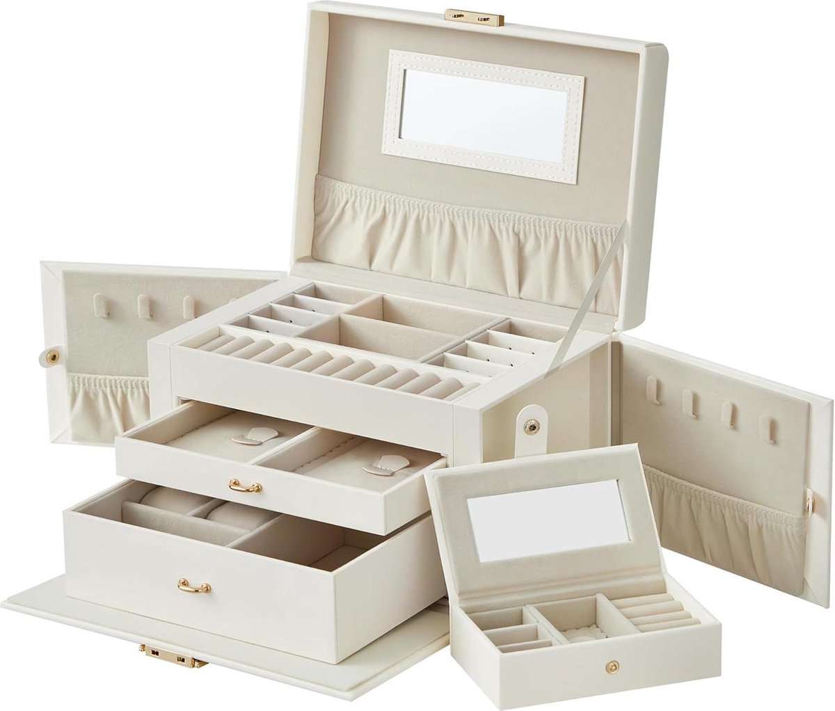 Sieradendoosje 3 niveaus 2 laden draagbare mini-box voor reizen handvat afsluitbaar cadeau-idee - PU-bekleding - klassiek wit - crèmewit JBC121W02