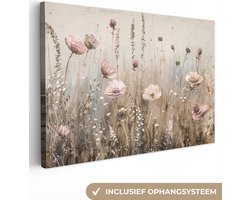 Canvas schilderij 120x80 cm - Wanddecoratie Bloemen - Roze - Modern - Beige - Muurdecoratie woonkamer - Slaapkamer decoratie - Kamer accessoires - Schilderijen