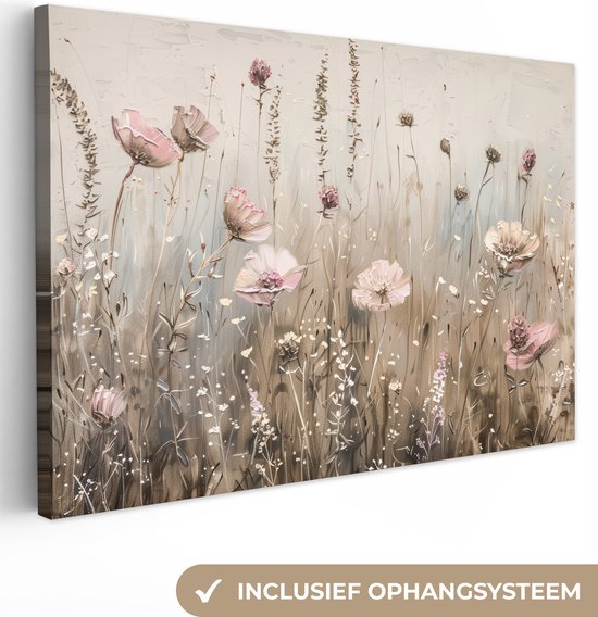Canvas schilderij 120x80 cm - Wanddecoratie Bloemen - Roze - Modern - Beige - Muurdecoratie woonkamer - Slaapkamer decoratie - Kamer accessoires - Schilderijen