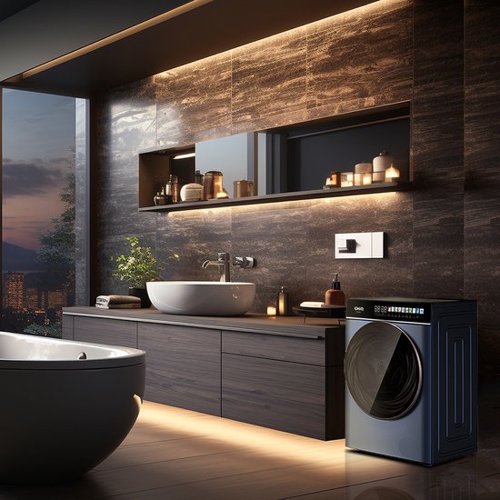 Machine à laver moderne bleu foncé dans une salle de bain luxueuse avec carrelage sombre, une baignoire îlot et une vanité en bois.