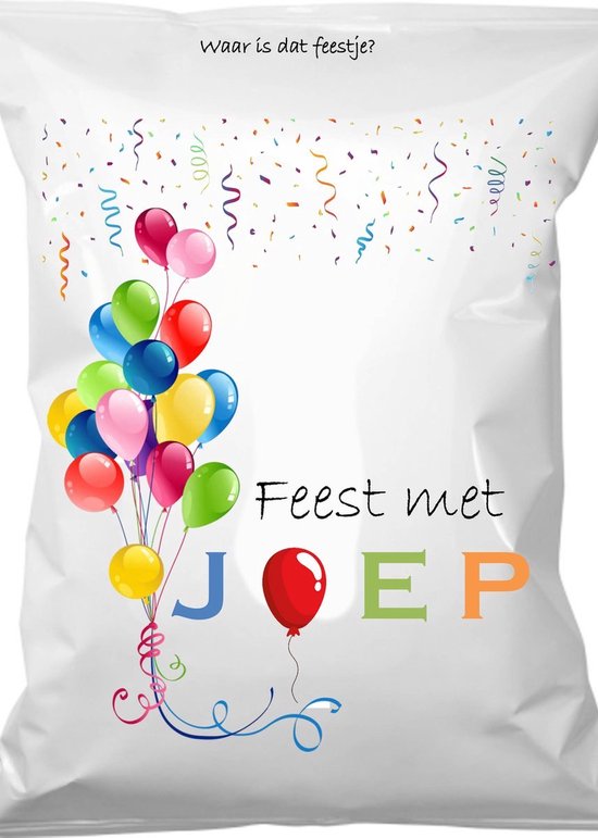 Witte zak met gekleurde confetti en slingers. Een tros ballonnen met rode, gele, blauwe, groene, roze ballonnen. Tekst 'Feest met JOEP' met ballonnen.