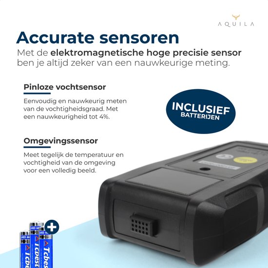 Aquila Vochtmeter voor Hout & Muren - Hygrometer Binnen Digitaal - Vochtmeters Haardhout en Pleisterwerken - Pinloze Houtvochtmeter - Vochtigheidsmeter - Incl Opbergtasje en Batterijen