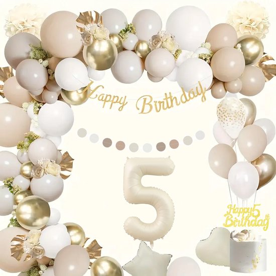 FeestmetJoep® 5 jaar verjaardag versiering & ballonnen - Beige & Goud