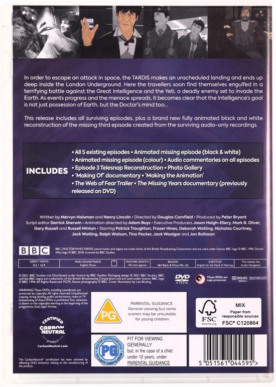 Achterkant van de Doctor Who: The Web of Fear Special Edition DVD. Bevat informatie over de inhoud, waarschuwingen en beoordelingen.