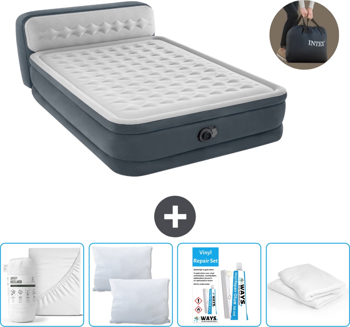 Intex Luchtbed - 2-Persoons - 152 x 236 x 86 cm - Grijs - Inclusief pomp - Hoeslaken - Kussen - Kussenbeschermer en Reparatieset