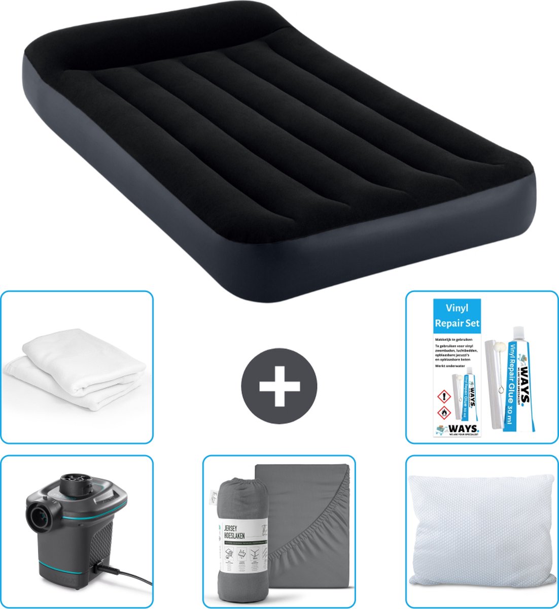 Intex Luchtbedset Intex Luchtbed - 1-Persoons - 99 x 191 x 25 cm - Zwart + Intex Elektrische Pomp - 650 Liter/min + Hoeslaken Antraciet + Kussen + Molton 2 in 1 Kussenslopen + Reparatieset