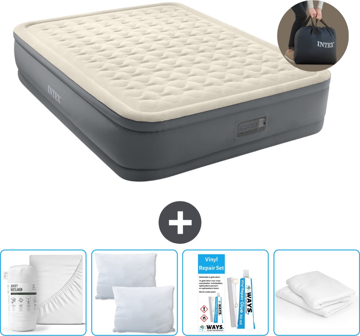 Intex Luchtbedset - 2-Persoons - 152 x 203 x 46 cm - Grijs - Met electrische pomp + Hoeslaken Wit + Kussen + Molton 2 in 1 Kussenslopen + Reparatieset