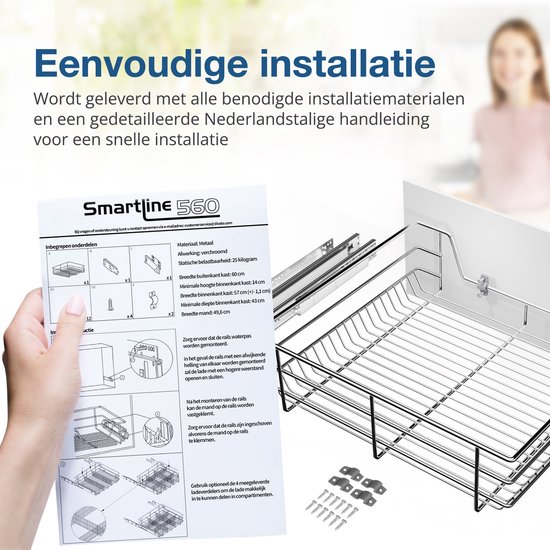 Instructies en onderdelen voor de eenvoudige installatie van de TomorrowNow schuiflade, met een gedetailleerde handleiding.