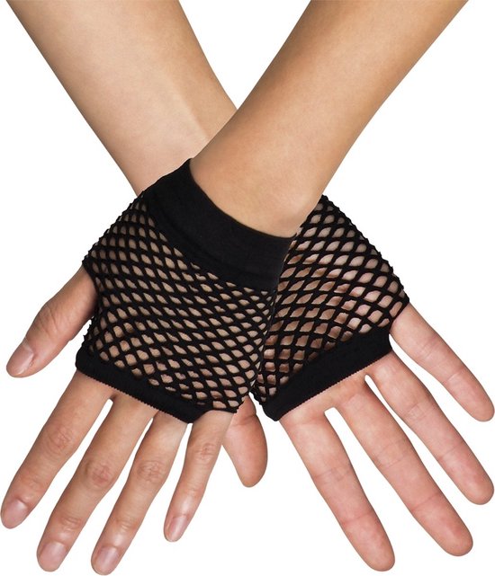 Zwarte visnet handschoenen zonder vingers, getoond op handen.